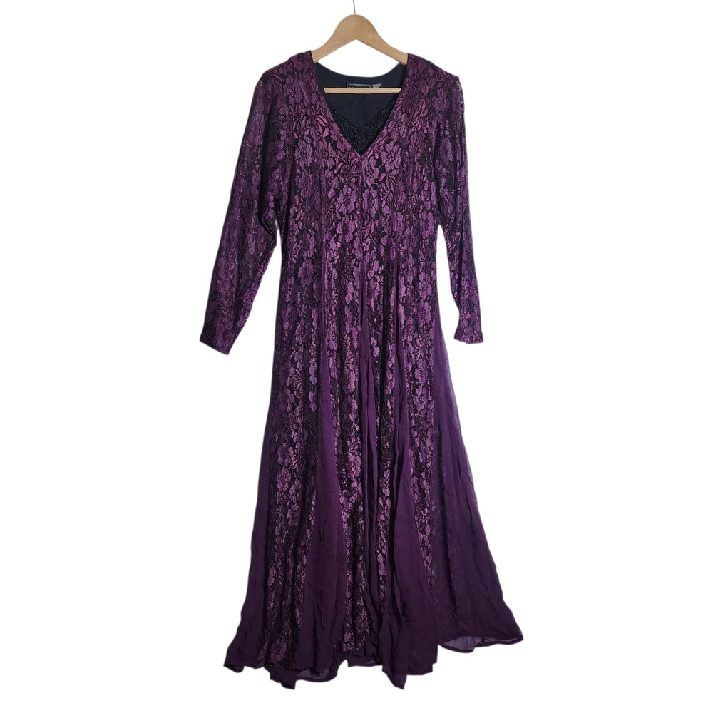 Starina Purple‎ Floral Lace Maxi Dress Long Sleeve V-Neck Gothic Boho Small